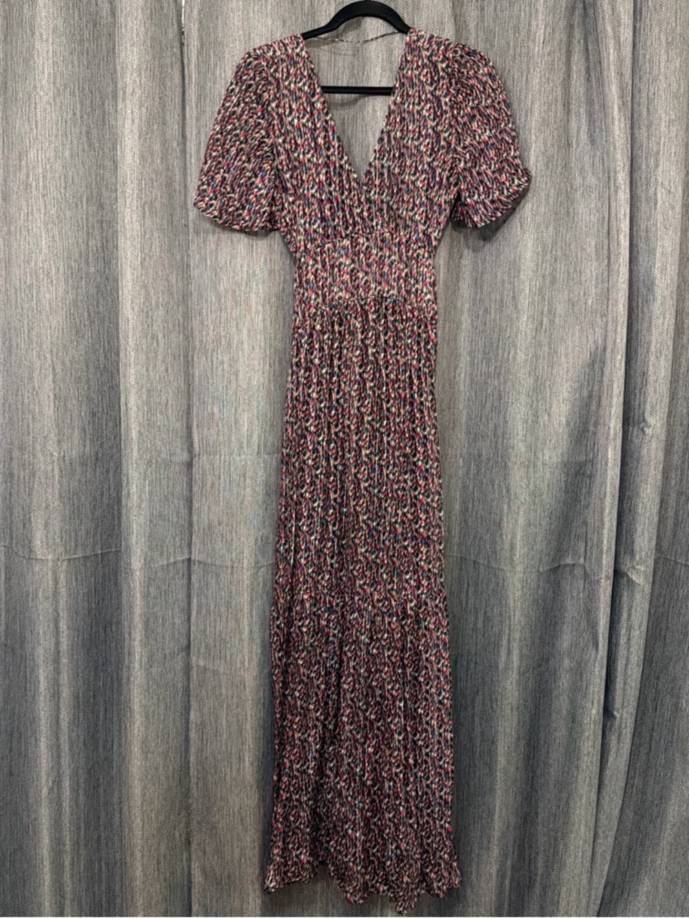 ba&sh Printed V-Neck Short Sleeve Maxi Dress in Multicolor Speckle